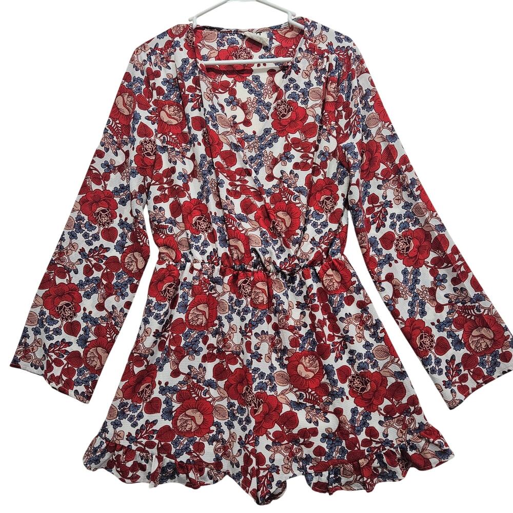 PPLA Clothing Red White Long Sleeve Shorts Romper Size XL Boho Cottage Chic